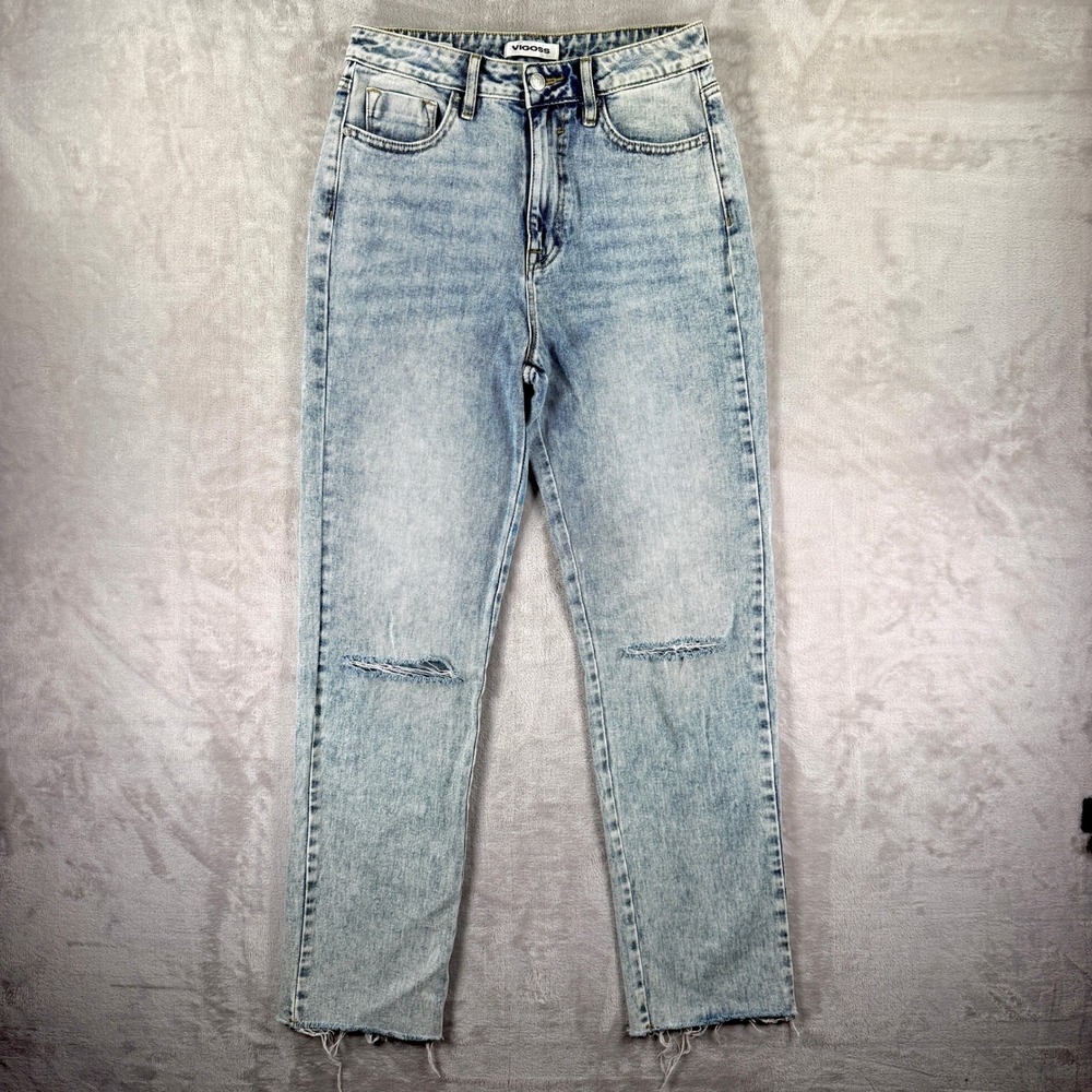 VIGOSS Billie 90s Jeans Womens 28 Light Wash Distressed Raw Hem High Rise
